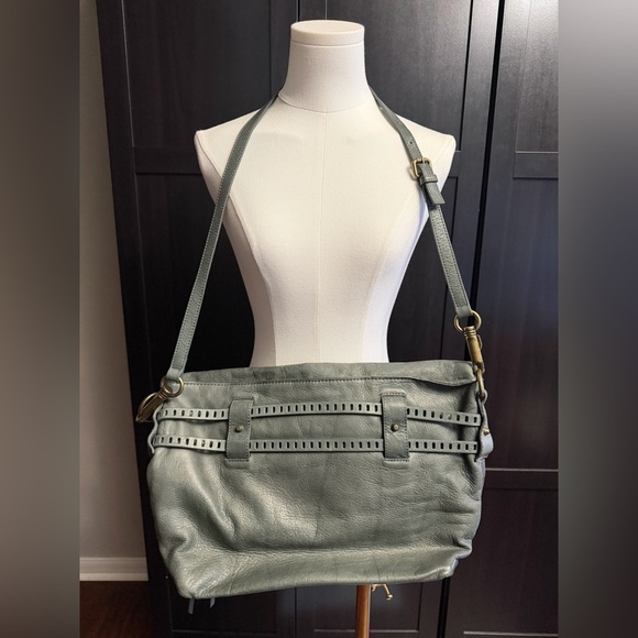 JOELLE HAWKENS Vntg Green Leather Bag Satchel Purse Studded Tassel Zips Hobo - Picture 2 of 11